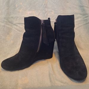 Black Wedge Heeled Boots, Size 7.5